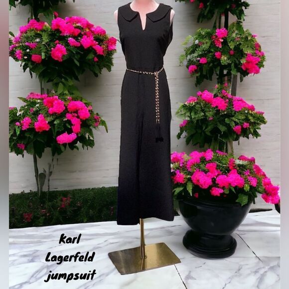 KARL LAGERFELD NWT SLEEVELESS CREPE JUMPSUIT BLACK SIZE 10 CROPPED WIDE LEG - Picture 1 of 8